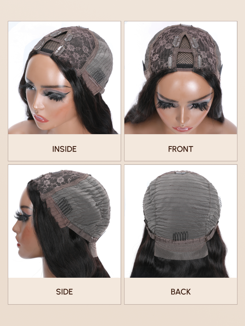 A model displays the UNice 22" Natural Lace Black Yaki V Part Wig Or 24" New V Part Kinky Curly Wig, showing a woman wearing a hat with a lace and yaki texture, kinky.
