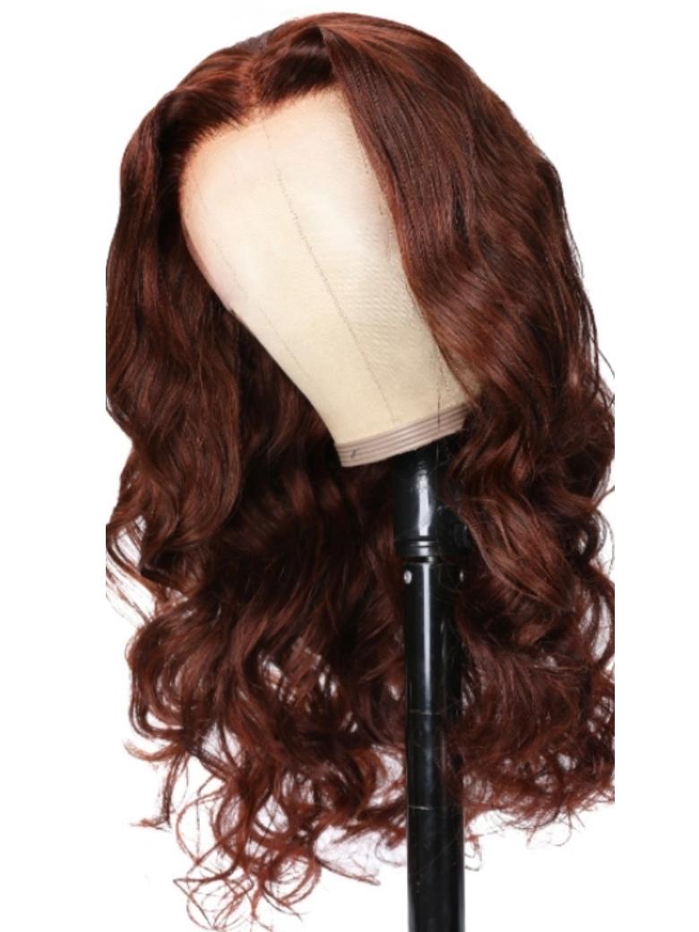 The UNice 7x5 Byebye Knots Lace Reddish Brown Body Wave Bleached Knots Blend Seamless Wig visual image position 15 shows a wig with long wavy hair on a white background.