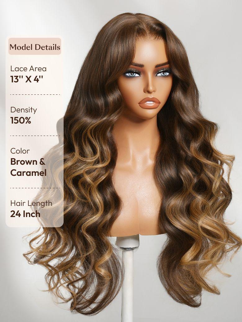 The UNice Bye Bye Slip 7x5 Lace Deep Brown with Caramel Higlights Loose Wave Drawstring wig image highlights Model Details, LaceArea, 13"X4", Density, a wig with long.