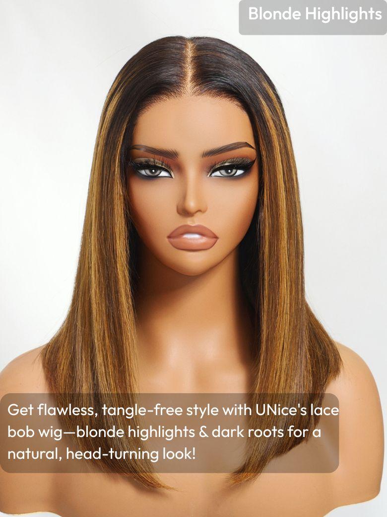 A model displays the UNice 13x4 Pre-Everything Brown With Blonde Piano Highlights Blunt Bob Wig with Dark, showing blonde blonde wig with long straight hair.