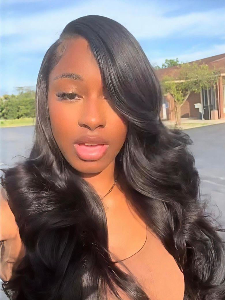A model displays the UNice 3 Pcs Brazilian Body Wave Bundles - Full Install Ready, 100% Virgin Soft Human, showing a model with long black hair and a pink lipstick.