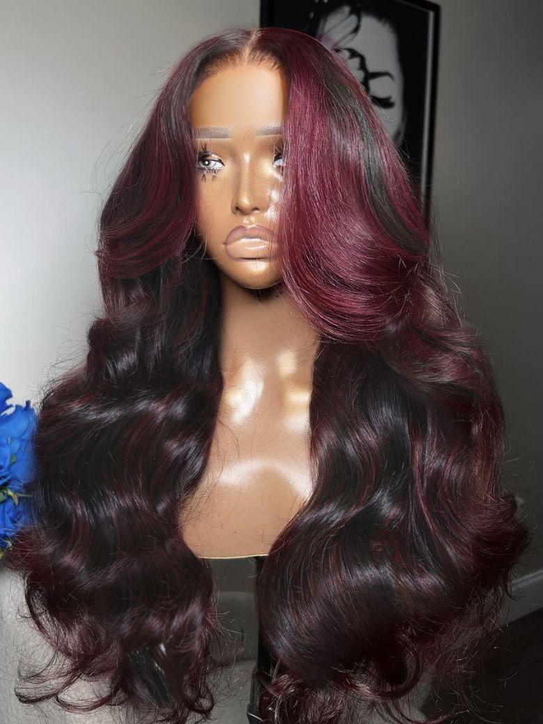 [24"=$129 | 13x4 Lace | 200% Density] Pre-Everything™ Lace Frontal Deep Burgundy Highlights Loose Wave Drawstring Wig with Face Framing Layers