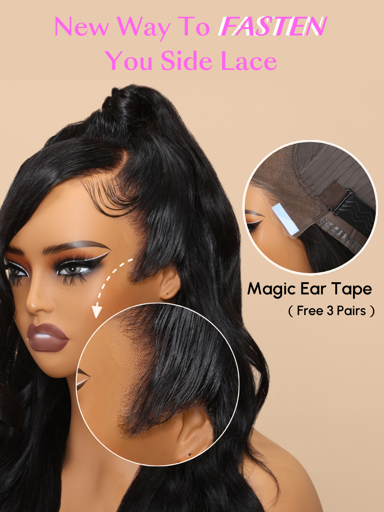 The UNice 13x4 Pre-Everything Lace Frontal Natural Black Bob Wig Pre Cut Lace Wig image highlights NewWayToFASTEN, You Side Lace, Magic EarTape, (Free3Pairs), a wig.