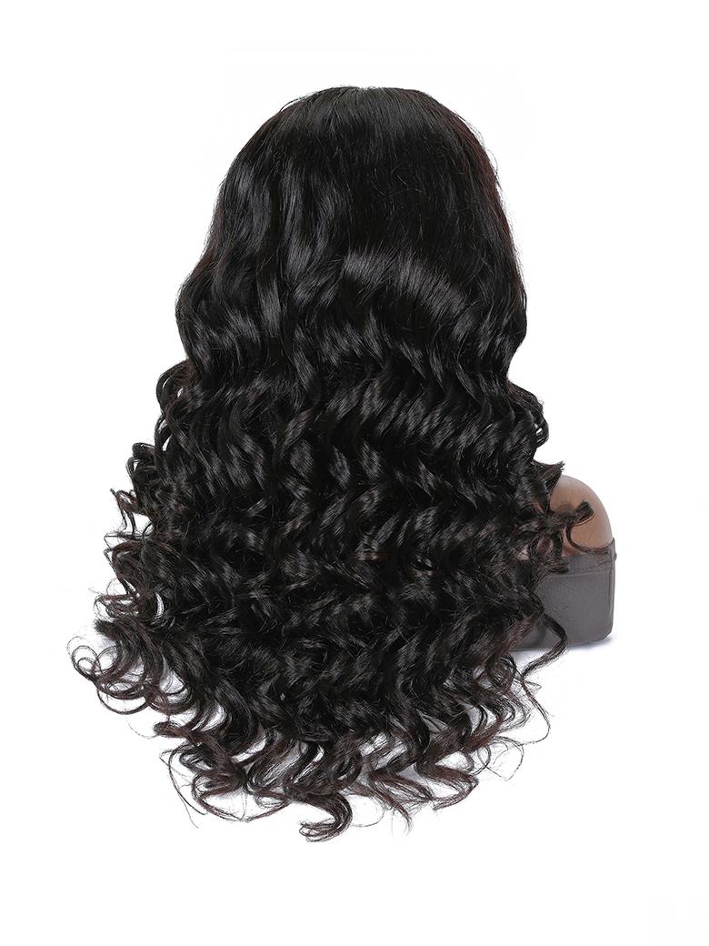 A model displays the UNice 22''= $89 Beginner Friendly V Part 150% Density Natural Black Body Wave Wig, showing a model with long black hair and body wave texture.