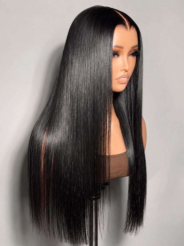 A model displays the UNice 13x4 Bye Bye Slip Glueless Lace Black Straight Bleached Knots Drawstring Wig, showing a long black wig with straight hair and straight.
