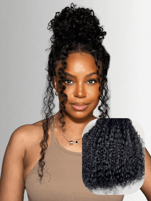 The UNice 7x5 Bye Bye Slip 150% Density Jerry Curly Wig With Bleached Invisible Knots visual image position 2 shows a model with a curly ponytail and a ponytail | jerry.