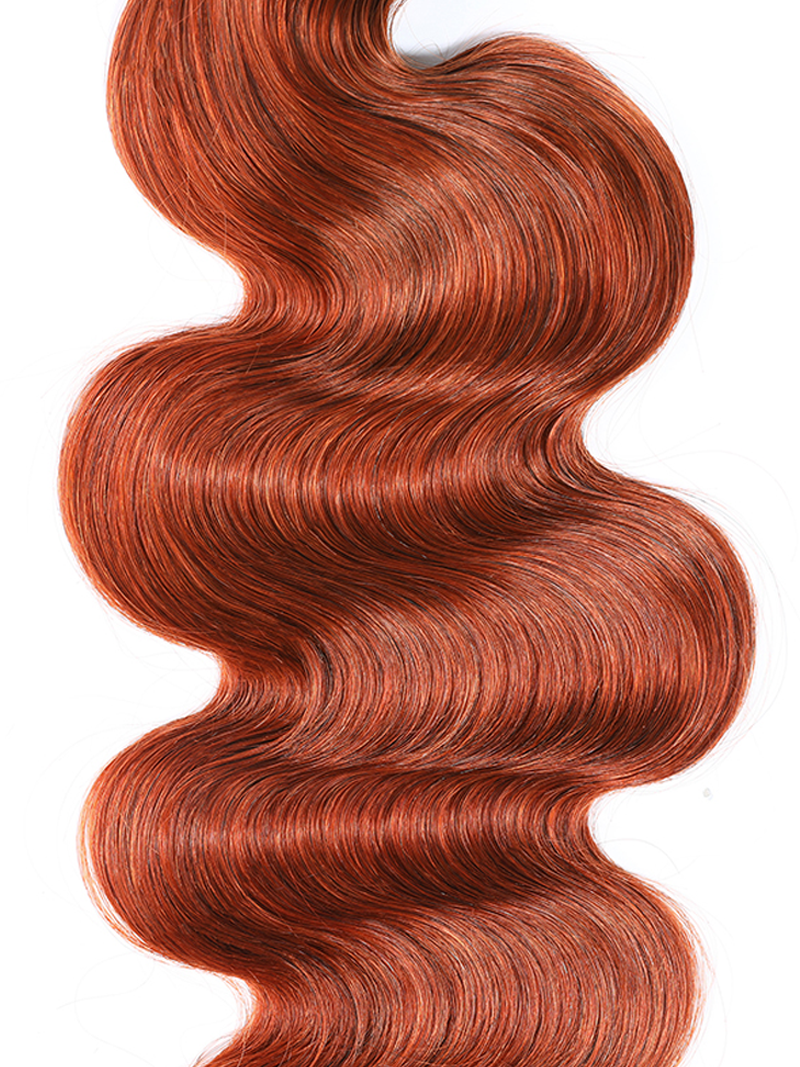 The UNice Hair #350 Color Virgin Hair Weave Ginger Hair 1 Piece Hair Bundle Body Wave product image shows a red hair extension with wavy hair and body wave texture.