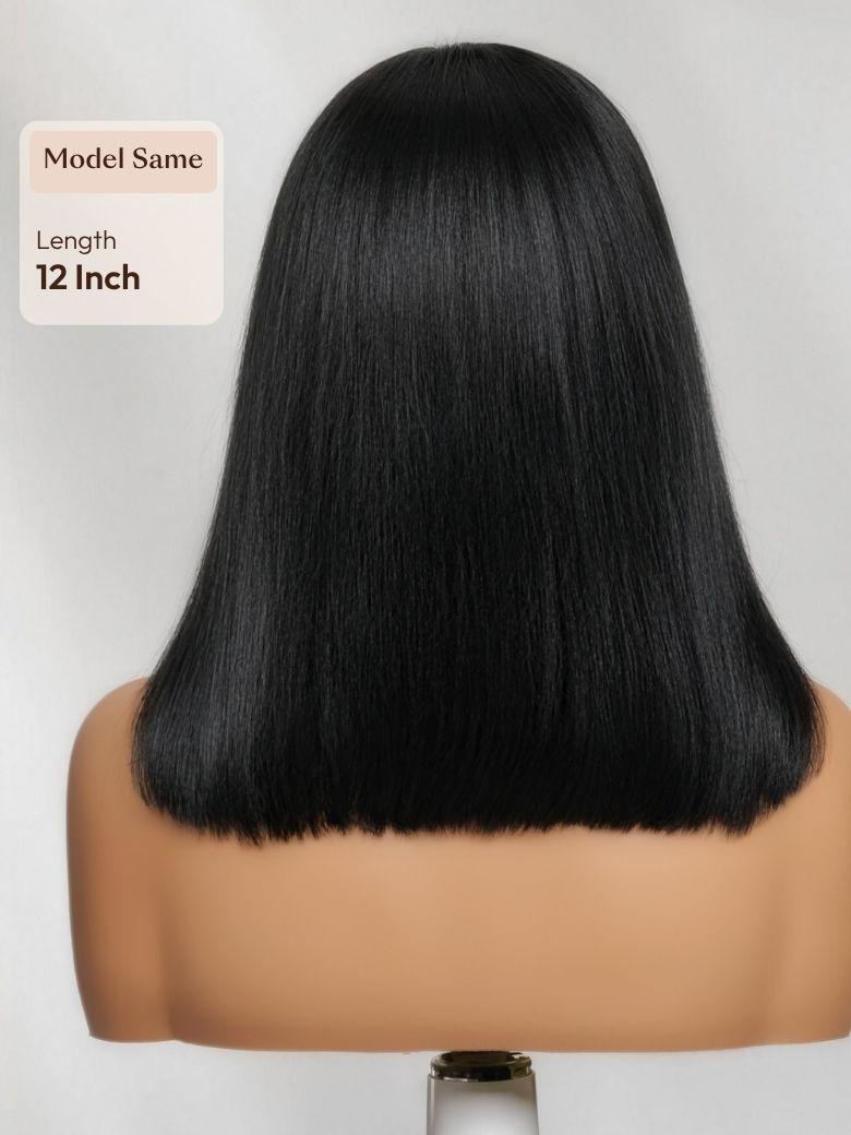 A model displays the UNice Full Lace 100% Handmade Black Straight Bob Wig with Face Framing Layers, showing a wig with long black hair on a mann and straight texture.