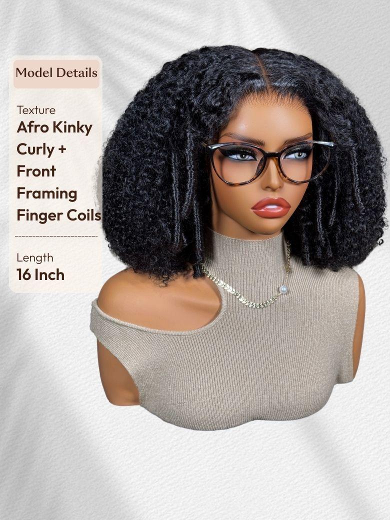 A model displays the UNice 7x5 Lace Bye Bye Slip Natural Black Afro Kinky Curly with Finger Coil Ends wig, showing model doll afro curly wig and kinky curly texture.