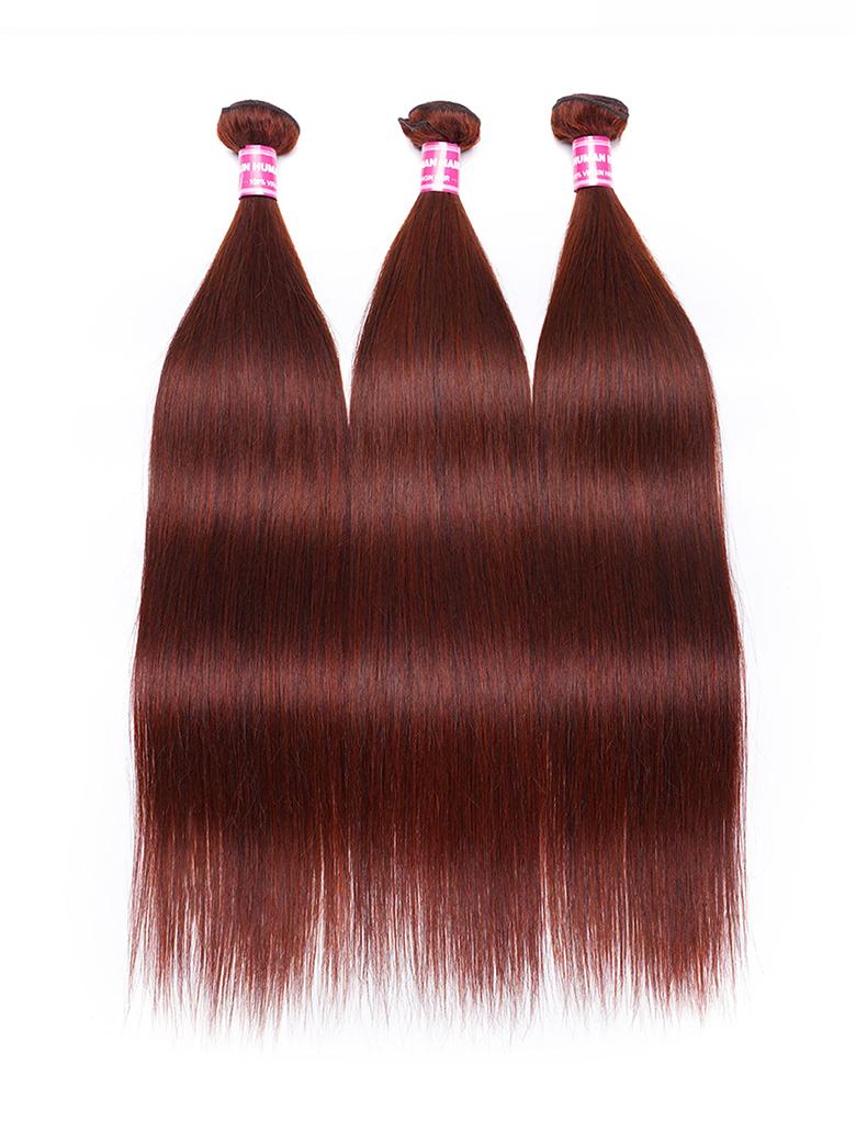 The UNice Dark Auburn Straight Remy Human Hair 3 Bundles With Closure Deal product image shows virgin hair bundles and straight texture, bundle fullness.