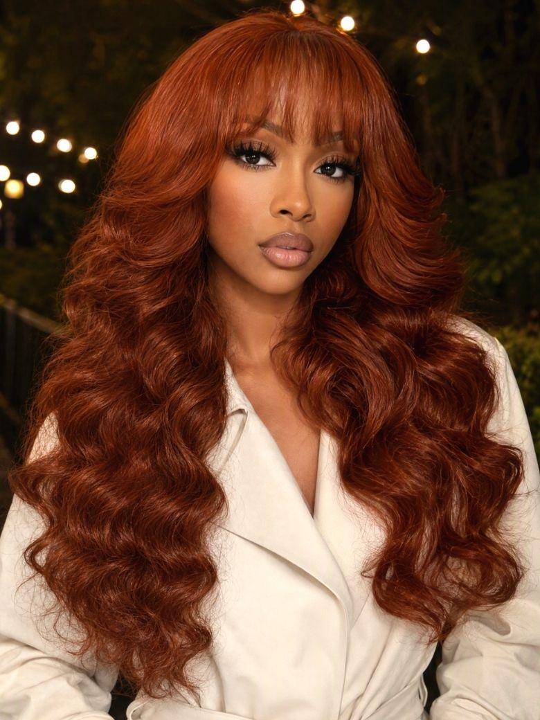 UNice Loose Wave with Bangs Reddish Brown Bye-Bye Slip™ 7x5 Lace Glueless Human Hair Wig for Beginners