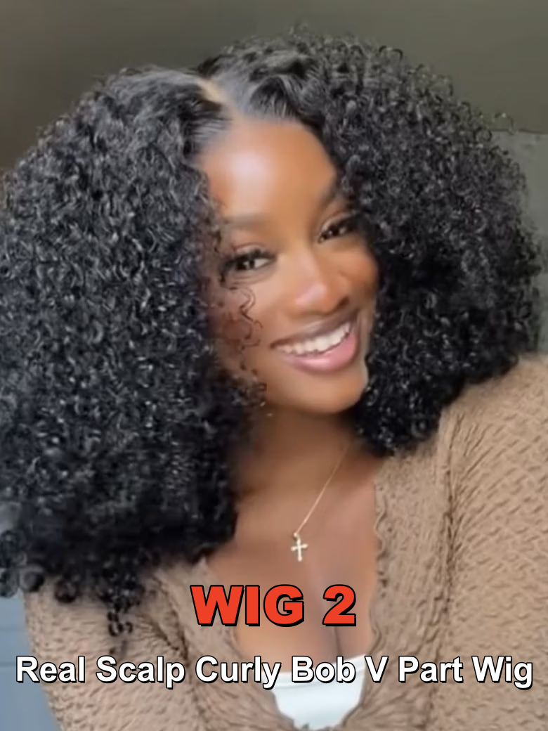 A model displays the UNice 2 wig $169 for 7x5 bye bye slip Chestnut Brown Ombre Finger Coil Ends Wig With, showing a model with curly hair and a brown sweater and ombre.