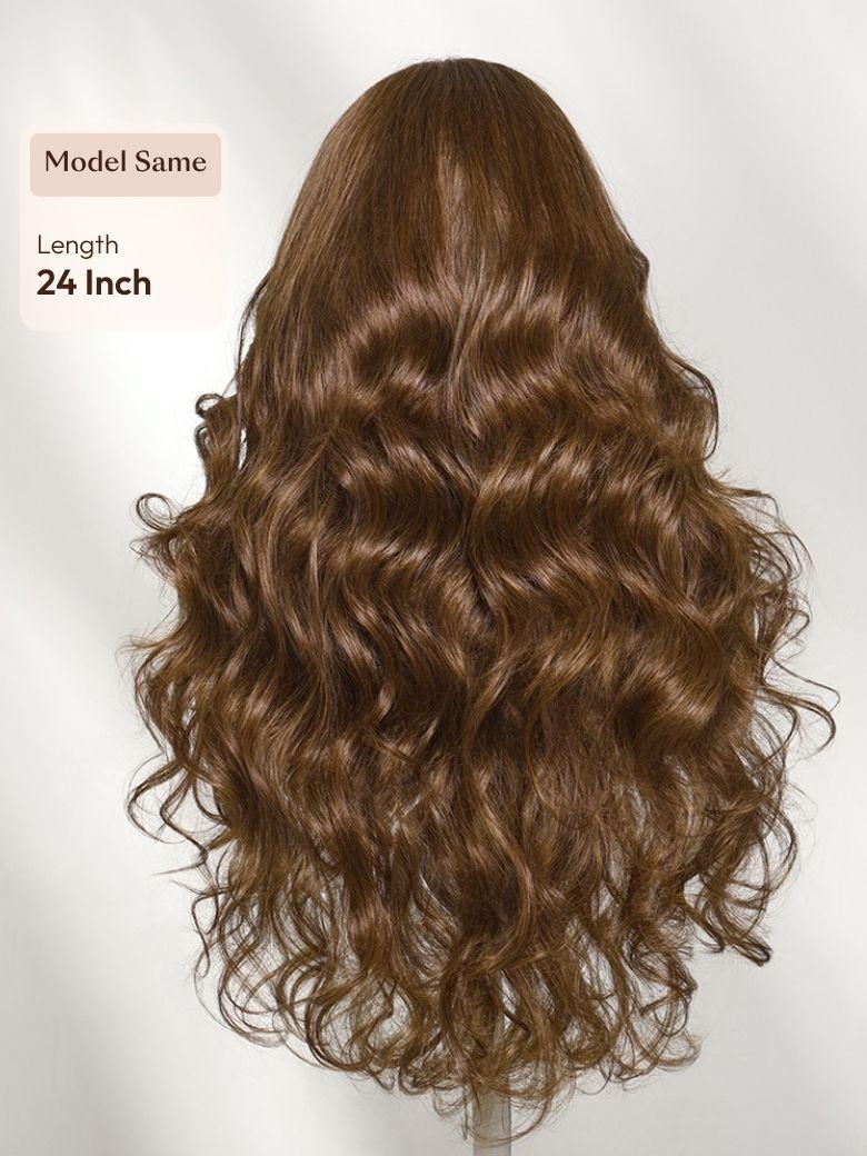 A model displays the UNice 13x4 Bye Bye Slip Lace Frontal Soft Ombre Caramel Brown Balayage Body Wave Wig, showing a wig with long wavy hair and body wave texture.