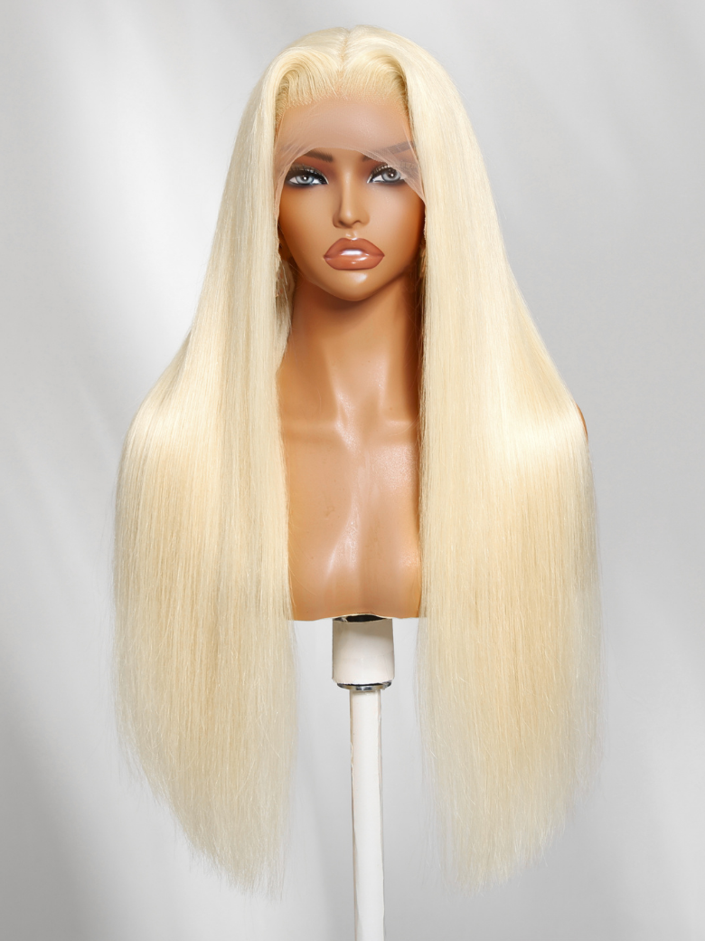A model displays the UNice 13x4 Bye Bye Slip Lace Frontal 613 Blonde Straight/ Body Wave Glueless Wig, showing a blonde wig with long hair on a mann and body wave.