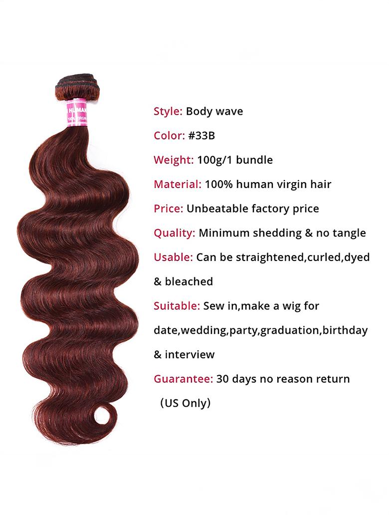 The UNice Dark Auburn Body Wave Remy Human Hair 4 Bundles With Closure Deal image highlights Style:Bodywave, Color:#33B, Weight:100g/1bundle.