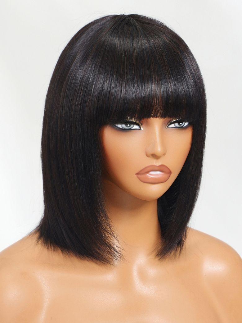 The UNice Straight Bob Black Wig Human Hair Glueless Wig with Blunt Bangs 150% Density visual image position 3 shows a black wig with bangs on top | straight texture.