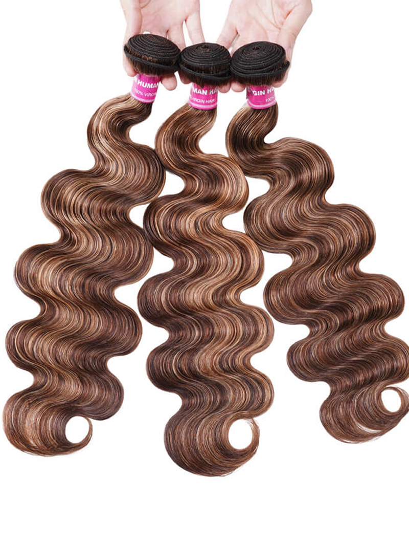 A model displays the UNice Mix Color Body Wave Hair Weaving 3 Bundles Honey Blonde Color, showing a woman holding two bundles of hair and body wave texture, honey.
