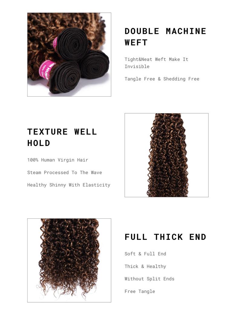 The UNice Curly Hair With Blonde Highlight Human Hair Weft One Bundle image highlights DOUBLEMACHINE, WEFT, Tight&Neat Weft Make It, Invisible, the different types.