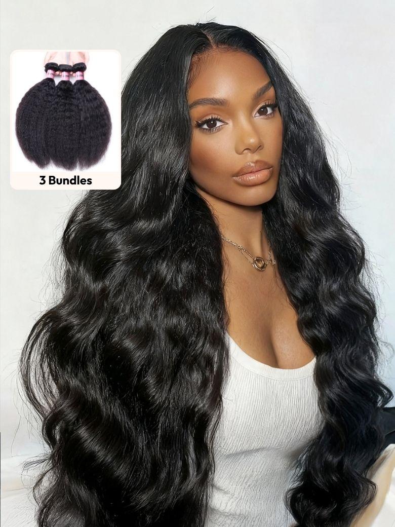 A model displays the UNice 3Pcs Kinky Straight Indian Real Human Hair Bundles Deal, showing brazilian virgin hair bundles and kinky straight texture, straight texture.