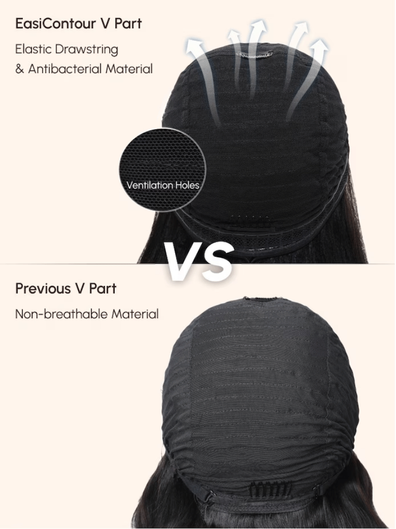 The UNice EasiContour Glueless V Part Minimal Leave Out Curly Wig Adjustable Cap image highlights EasiContourVPart, ElasticDrawstring, &AntibacterialMaterial.