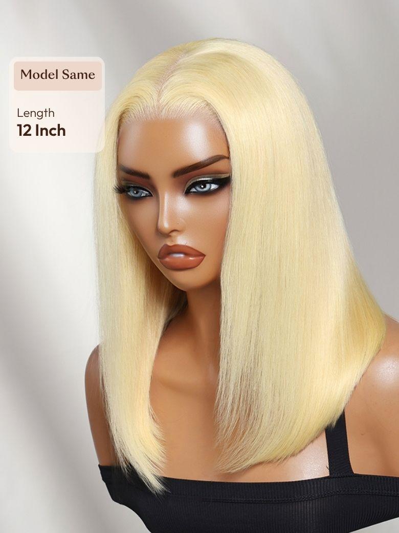 A model displays the UNice 13x4 Pre-Everything Lace Frontal 613 Blonde Glueless Bob Wig For Summer, showing blonde blonde wig with bangs and 613 blonde, 13x4, glueless.