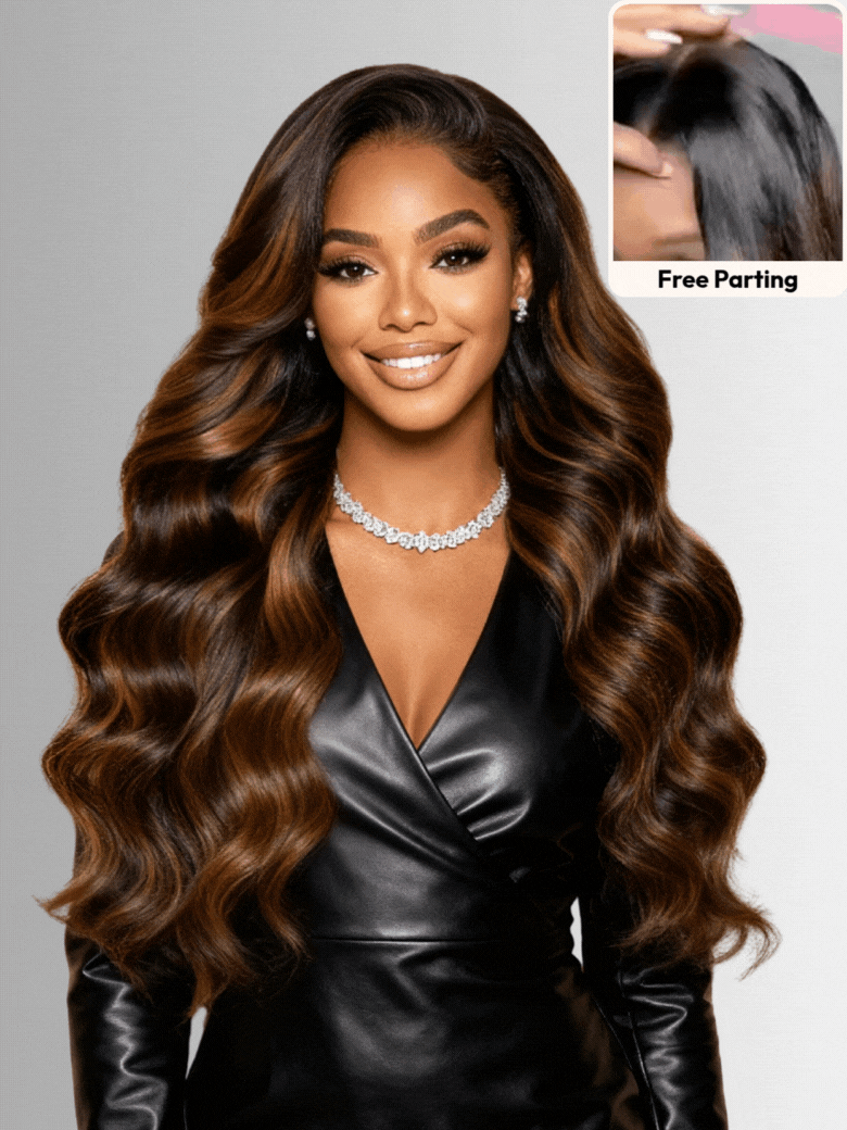 A model displays the UNice Ship within 24H UNice 7x5 Bye Bye Knots Wig Glueless Lace Balayage Highlight, showing a model with long brown hair wearing a black leather.