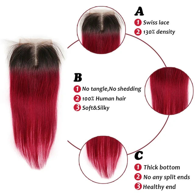 4x4 T1B/99J Brazilian Virgin Color Straight Human Hair Extensions