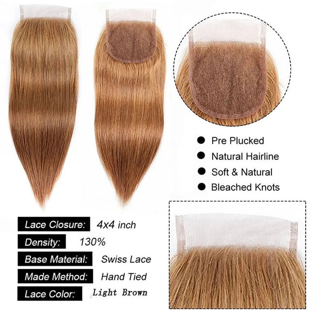 4x4 Lace Closure #30 Brown Color Body Wave Human Hair Extensions