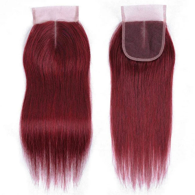 4x4 Lace Closure 99j Burgundy Straight 100% Unprocessed Human Virgin Hair Silk Straight