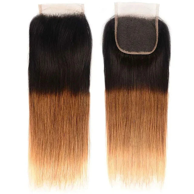 4x4 Lace Ombre Peruvian Virgin Straight Hair Two Tone 1B/27 Human Hair Weave Extensions