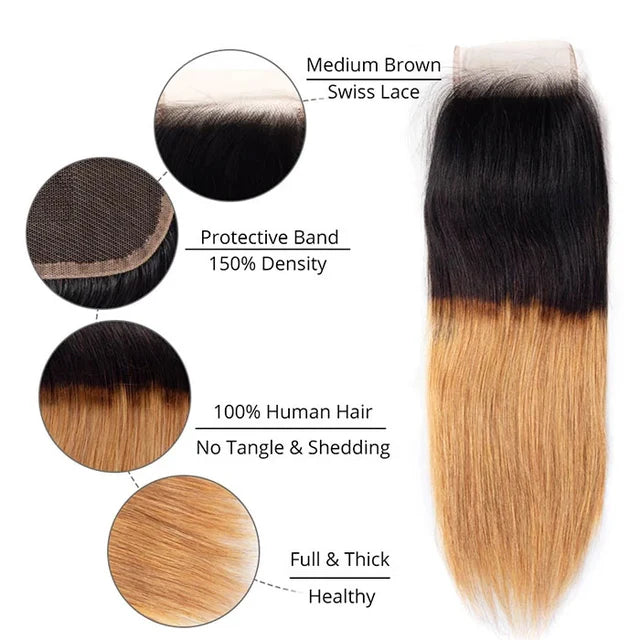4x4 Lace Ombre Peruvian Virgin Straight Hair Two Tone 1B/27 Human Hair Weave Extensions