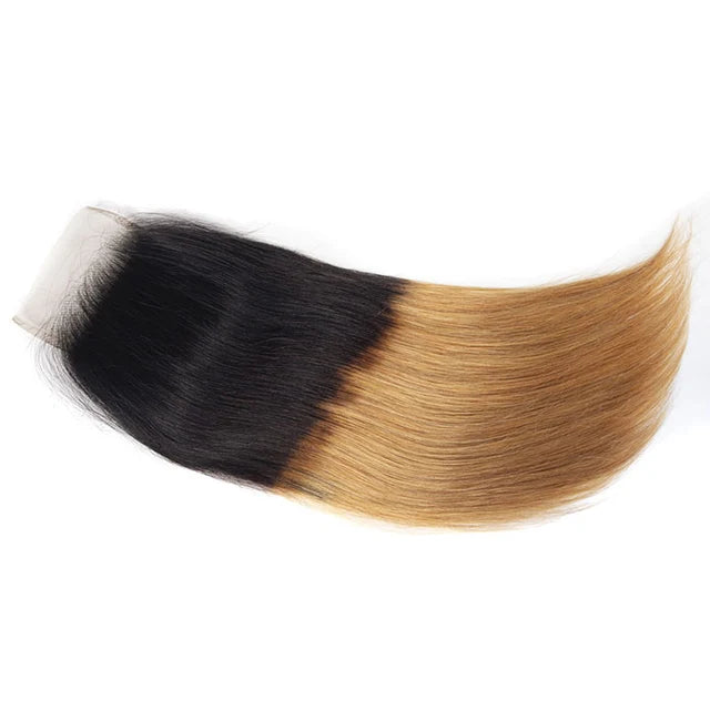 4x4 Lace Ombre Peruvian Virgin Straight Hair Two Tone 1B/27 Human Hair Weave Extensions