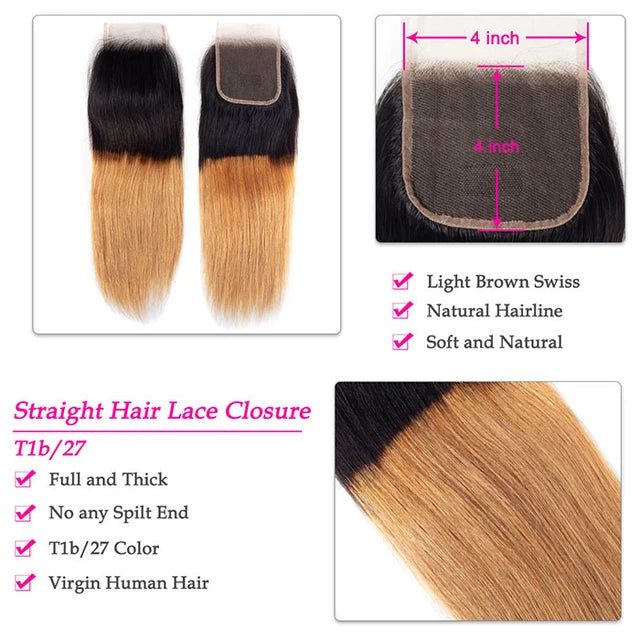 4x4 Lace Ombre Peruvian Virgin Straight Hair Two Tone 1B/27 Human Hair Weave Extensions