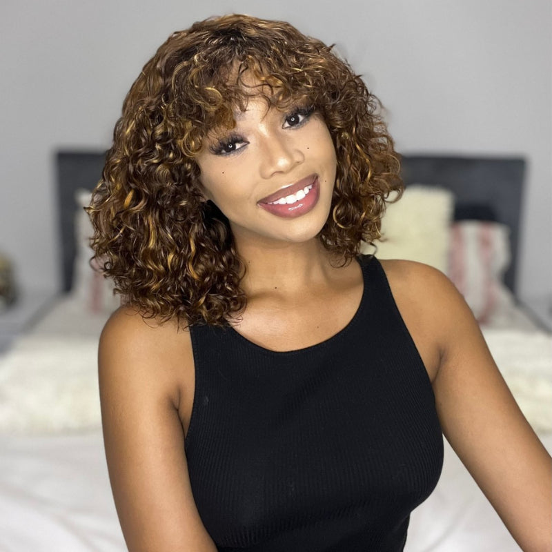 Worth | Mix Color Water Wave Bob Wig With Bang No Lace Glueless Short Wig