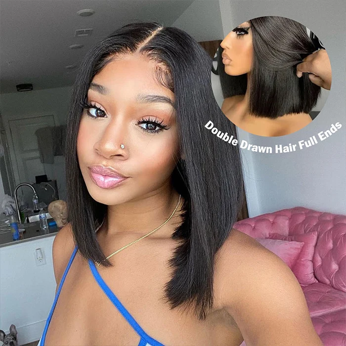 Glueless Super Double Drawn Blunt Cut Bob Wigs Transparent Lace Human Hair Wig Pre Plucked Hairline