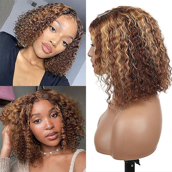Glueless 4x4 Pre Cut Lace Water Wave Short Bob Wigs 100% Human Hair