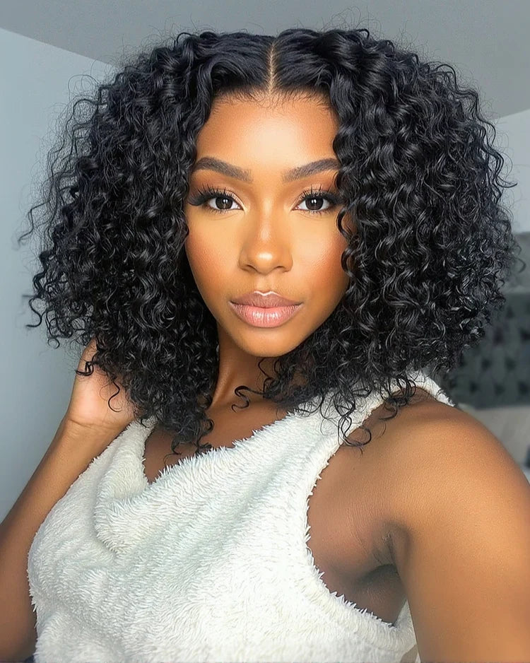 13x4 Lace Jerry Curly/Water Wave Bob Wig Pre-cut Lace Natural Black