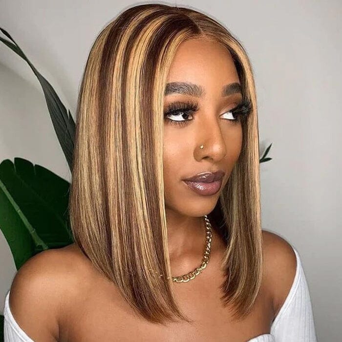 Honey Blonde Highlight P4/27 Bob Wig Human Hair 13x4 Lace Frontal Wig