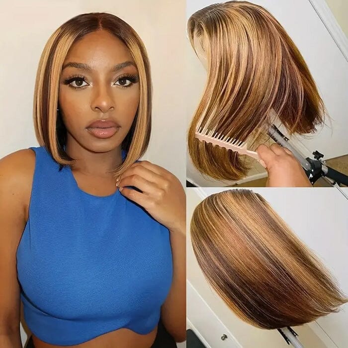 Honey Blonde Highlight P4/27 Bob Wig Human Hair 13x4 Lace Frontal Wig