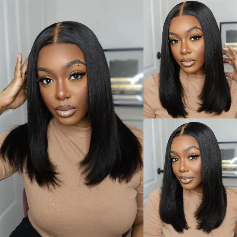 Glueless double drawn 13x4 Lace Full Frontal bob Wig Pre Plucked Human Hair