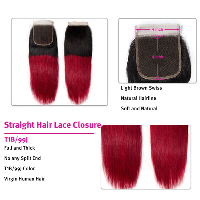 4x4 T1B/99J Brazilian Virgin Color Straight Human Hair Extensions