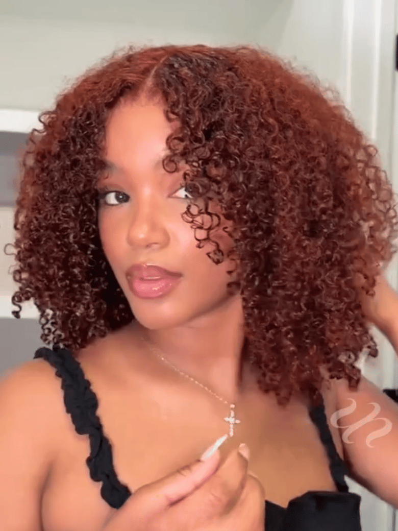 A model displays the UNice 7x5 Bye Bye Knots Wig Glueless Lace Sunset Reddish Brown Jerry Curly/ Afro, showing a model with curly hair is brushing her hair and straight.