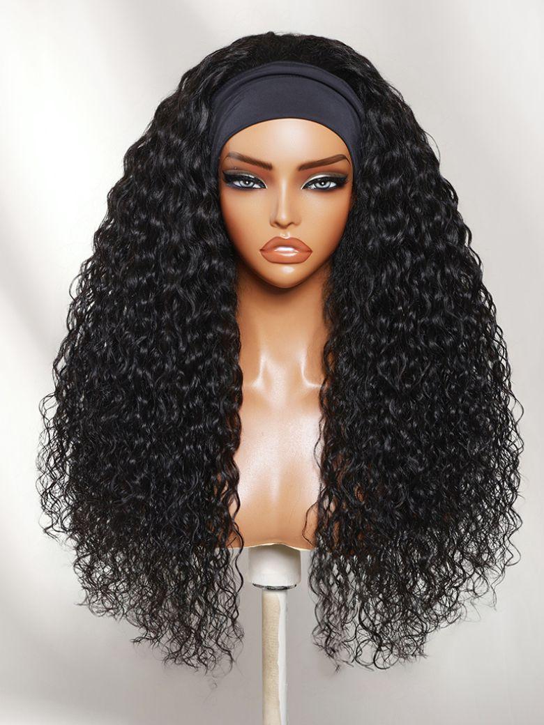 The UNice Water Wave In Natural Black 2-In-1 Switch Breathable Headband Wig with product image shows a wig with long curly hair on a mann and water wave texture, natural.