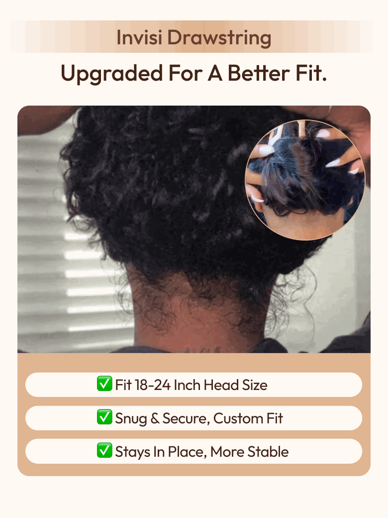 A person adjusts a drawstring wig on their head, ensuring a snug, secure custom fit. Text highlights features: fits 18-24 inch head size, drawstring wig stays in place and is more stable for all-day wear.