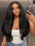 A model displays the UNice Bye Bye Slip 7x5 Lace Glueless Kinky Straight Blowout Wig with Soft Layers, showing a model with long black hair wearing a white tank top.