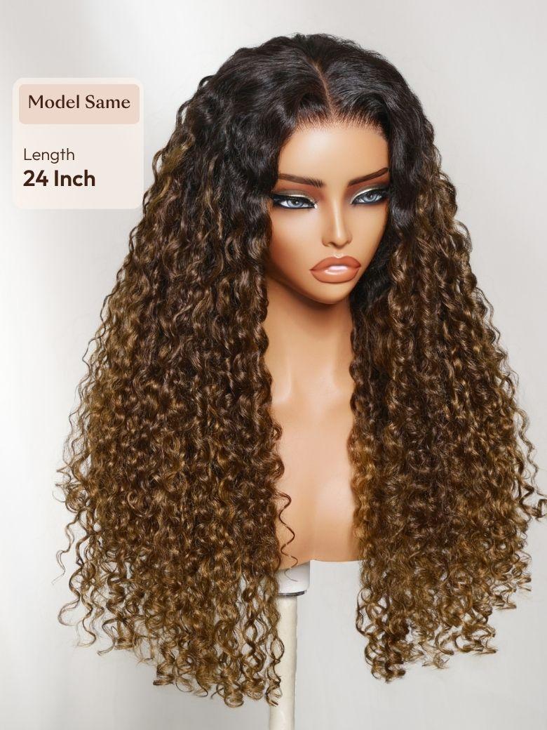 A model displays the UNice Bye Bye Slip 7x5 Lace Glueless Sun-Kissed Honey Brown Ombre Tight Spiral wig, showing a wig with long curly hair and a full wig and ombre.