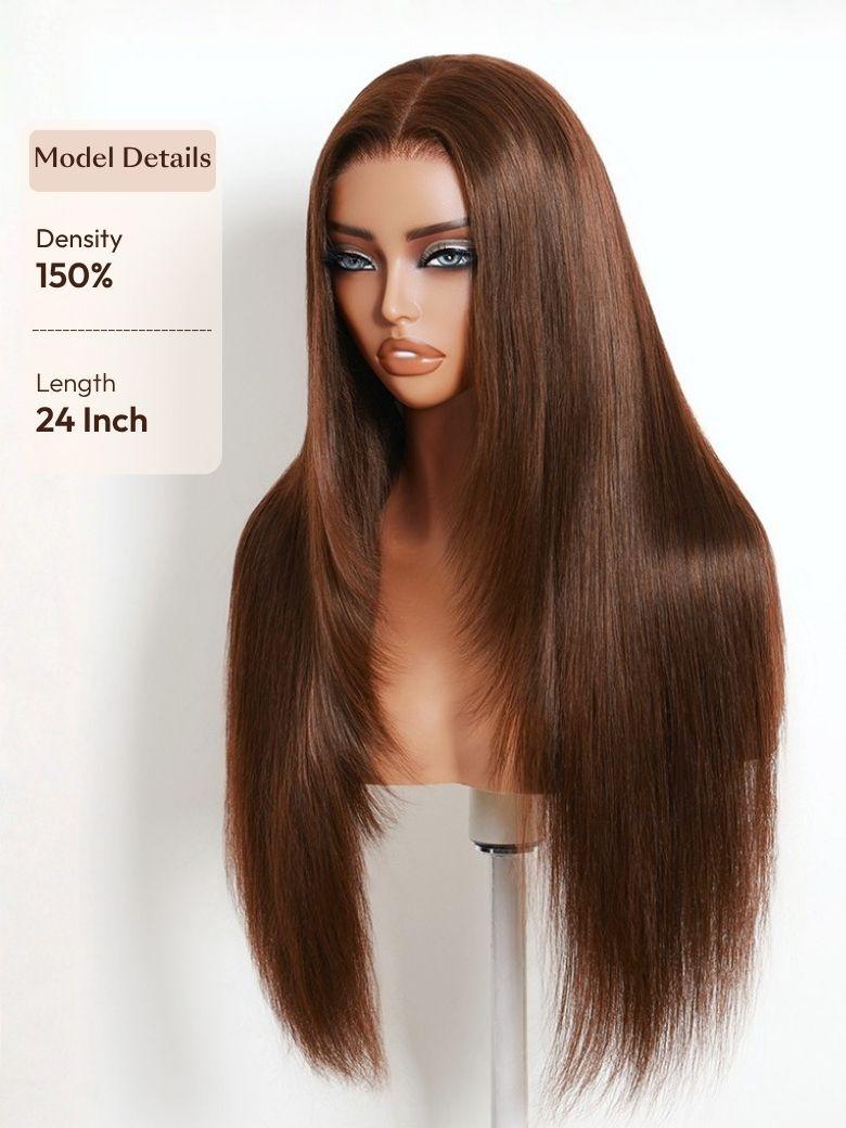 A model displays the UNice 13x4 Bye Bye Slip Lace Frontal Soft Ombre Caramel Brown Balayage Body Wave Wig, showing a wig with long wavy hair and body wave texture.