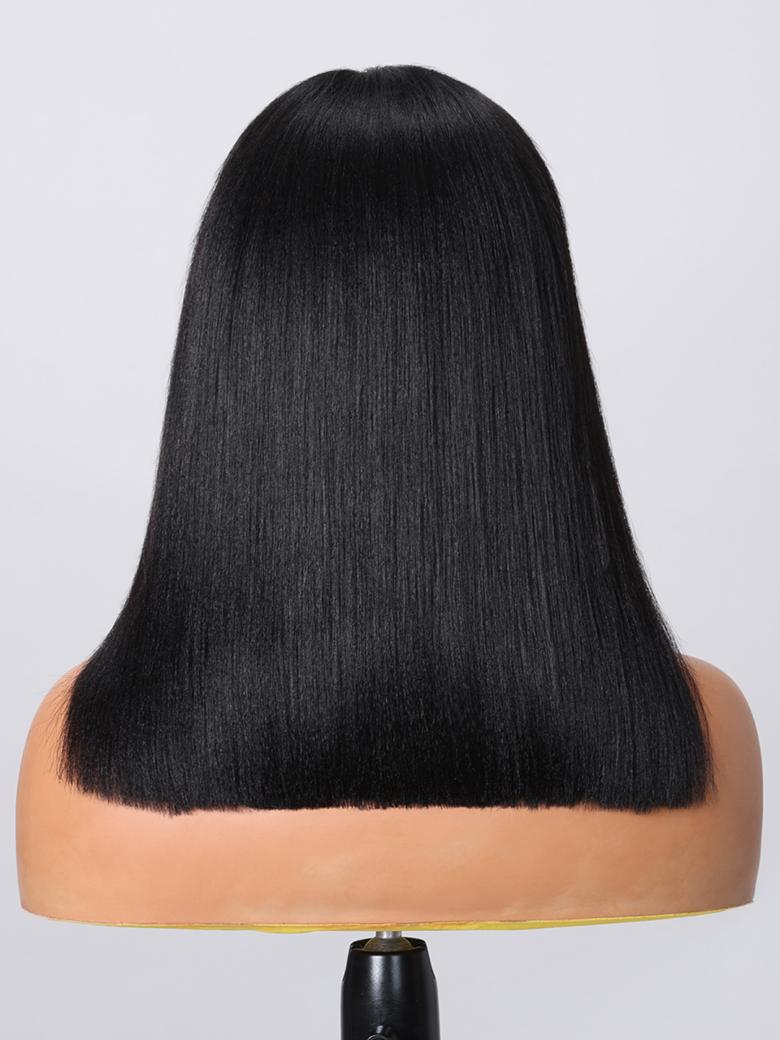 The UNice 13x4 Lace Front Yaki Bob Wig With Invisible Drawstring Pre-Cut, Pre-Bleached & product image shows a mann with long black hair on it and yaki texture, 13x4.