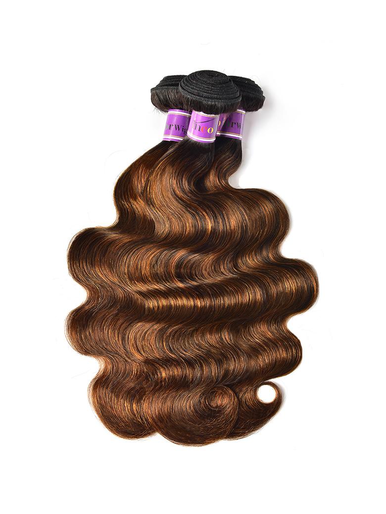 The UNice Brown Balayage 13x4 Lace Closure With 3Pcs Body Wave Bundles image highlights inco, rWi, a brown body wave with a black hat on top and body wave texture, 13x4.