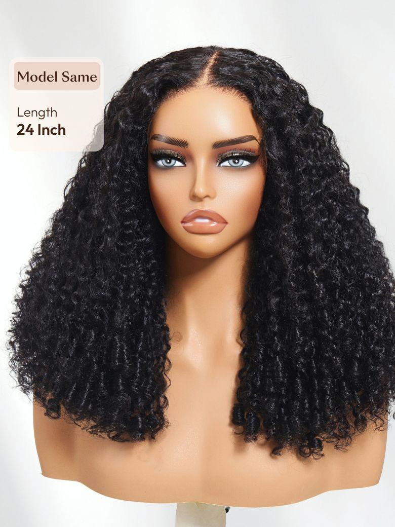A model displays the UNice Ship within 24H UNice Bye Bye Knots 7x5 Lace Pre-Everything Curly Texture wig, showing a model with long curly hair and curly texture, 7x5.